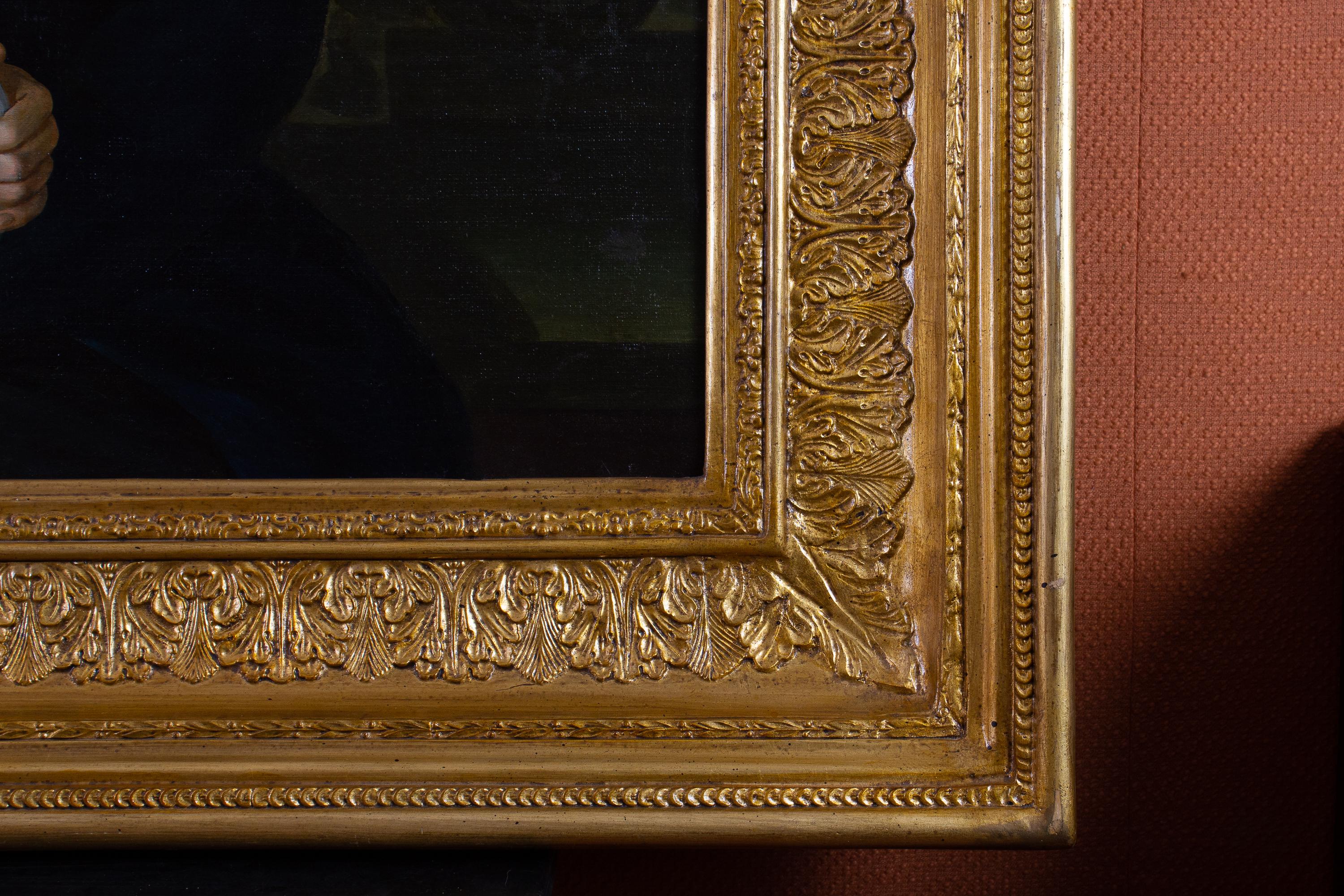Portrait of a young family composed by father, mother and two child holding a flower basket.

.Finely carved coeval gilt- wood frame .
Oil on Canvas, in  very good original condition. 
 Measurement  with frame cm 120 x 150
                          