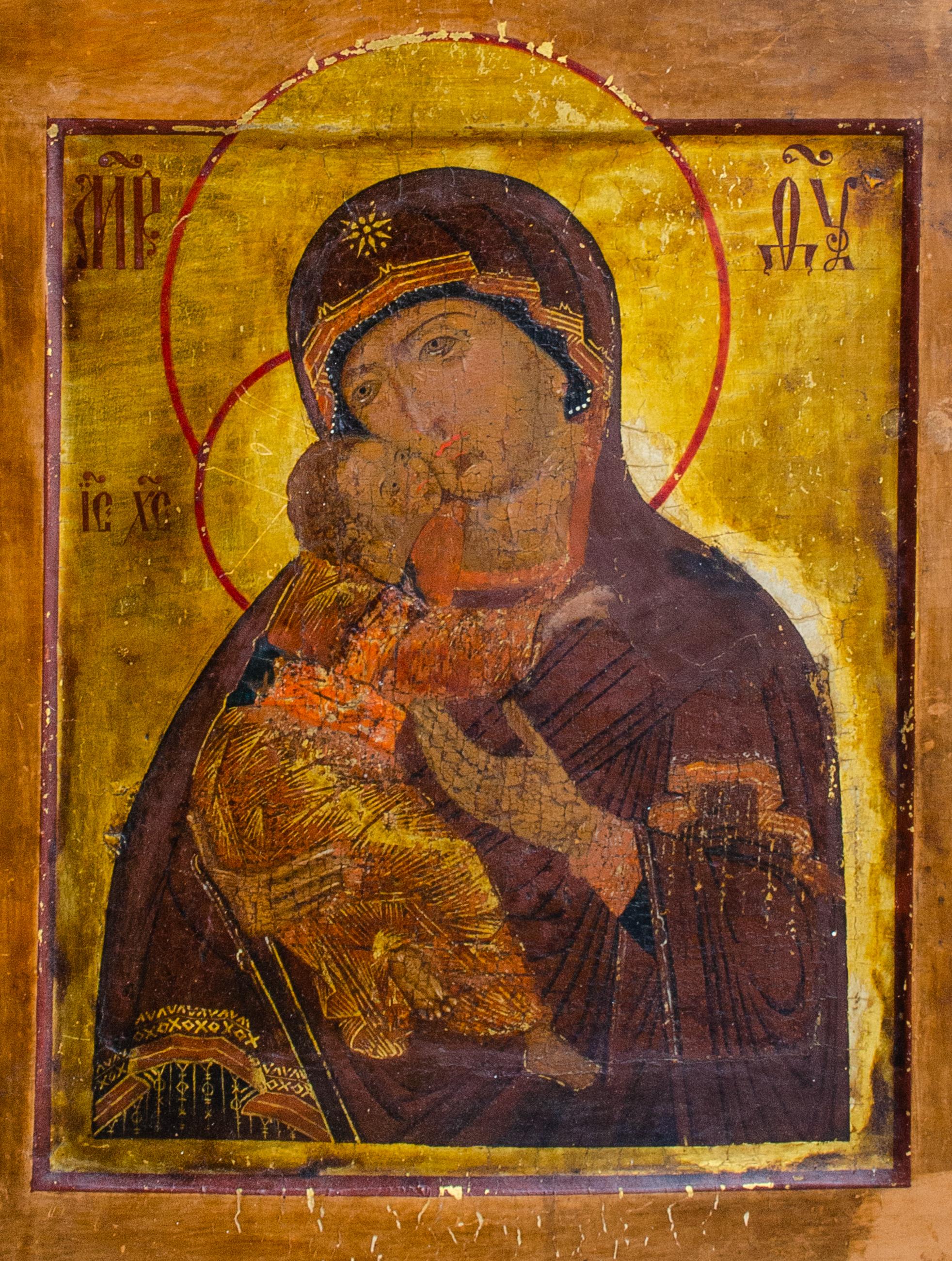 Encaustic Icon Featuring Madonna and Child - Painting by Unknown
