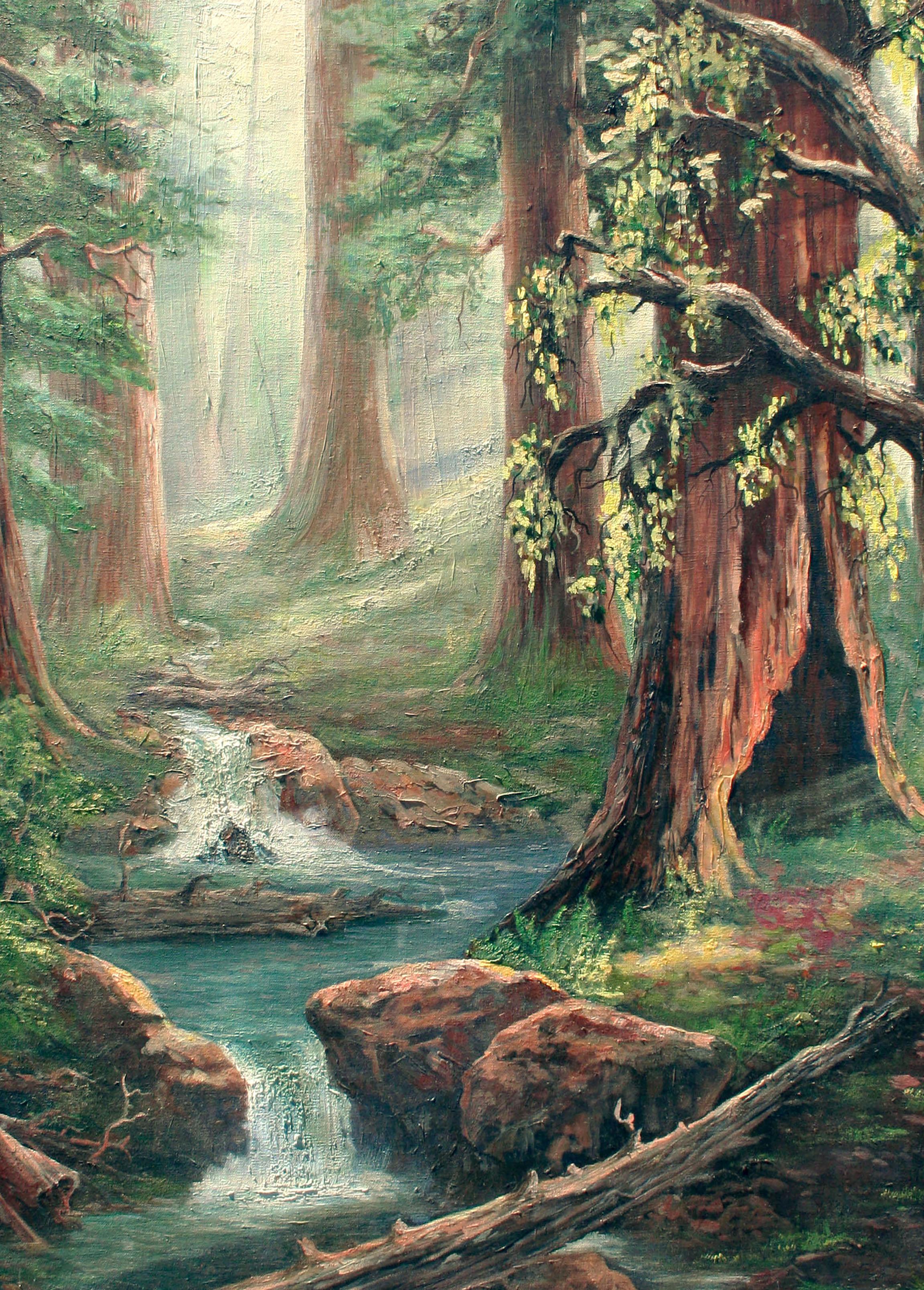 Mid Century Enchanted Redwood Forest Landscape  - Painting by Unknown