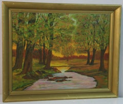 End of Summer Forest Landscape Painting, Oil on Canvas, Framed, 1940s