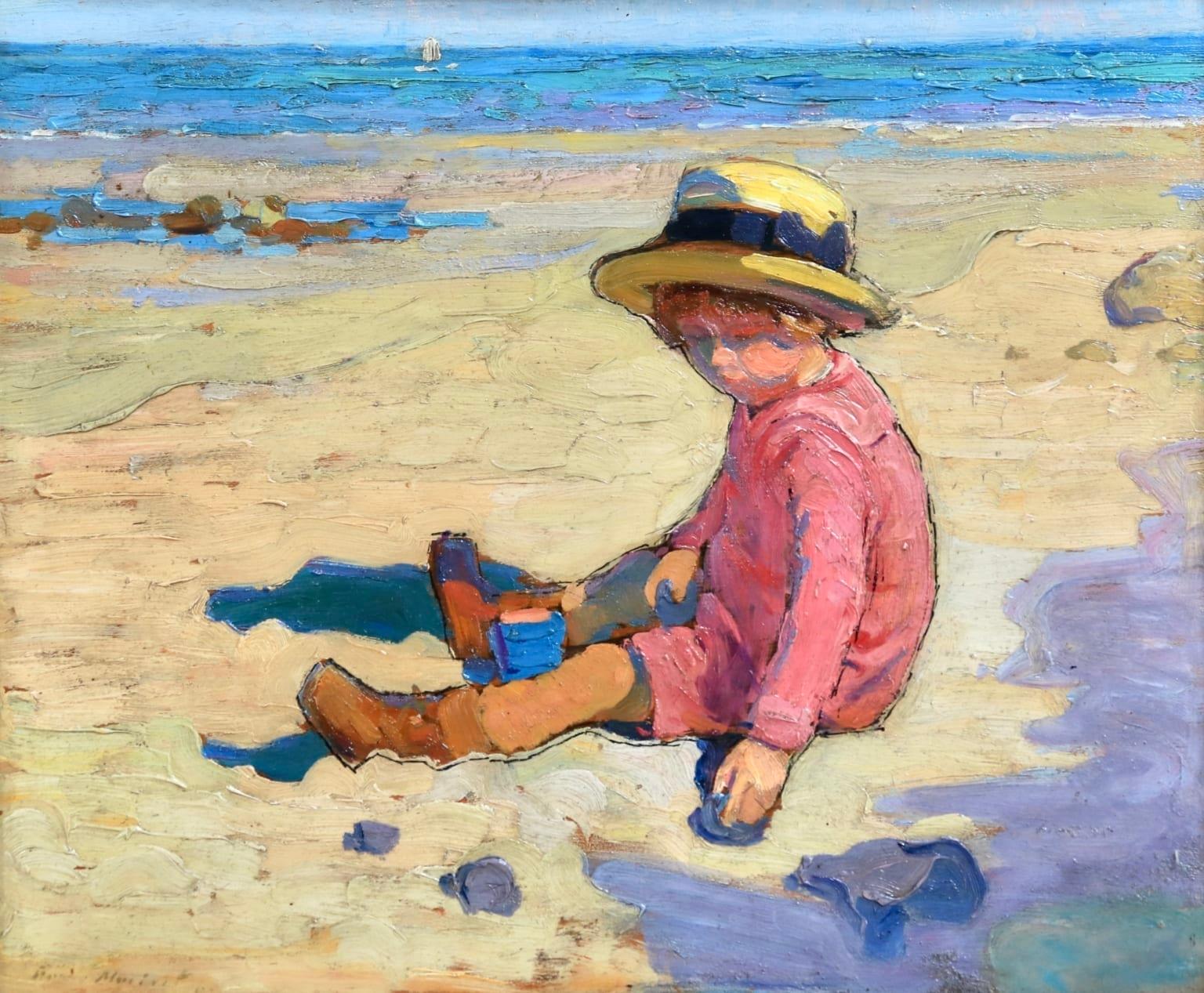 Enfant sur la Plage - French Impressionist School, Child in Coastal Landscape  - Painting by Unknown