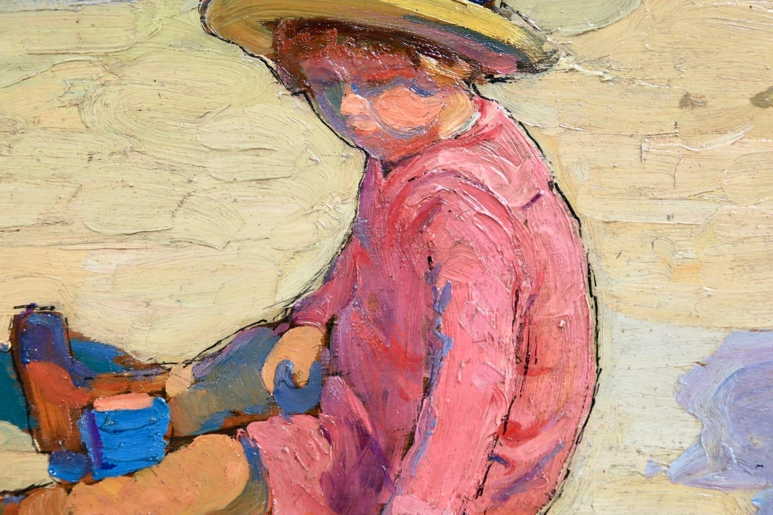 Enfant sur la Plage - French Impressionist School, Child in Coastal Landscape  - Beige Landscape Painting by Unknown