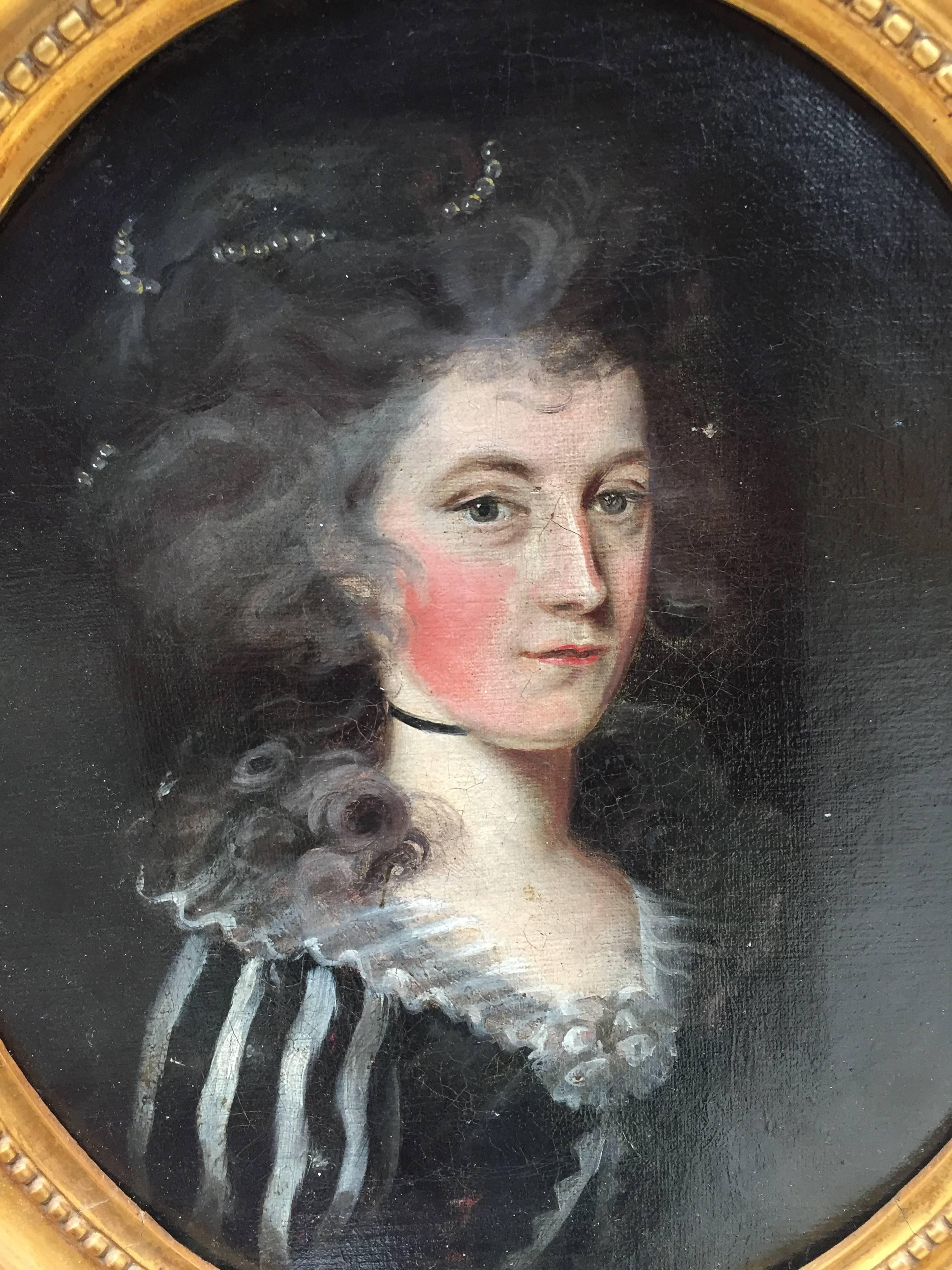 English 18th century Portrait of a lady with Pearls in her hair - Painting by Unknown