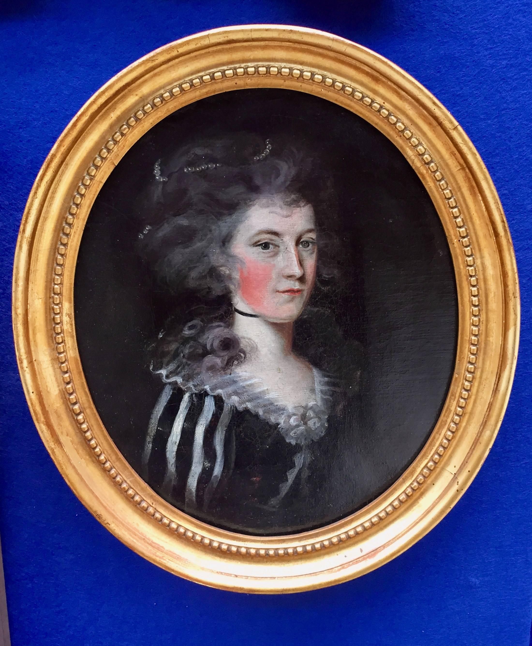 Unknown Portrait Painting - English 18th century Portrait of a lady with Pearls in her hair