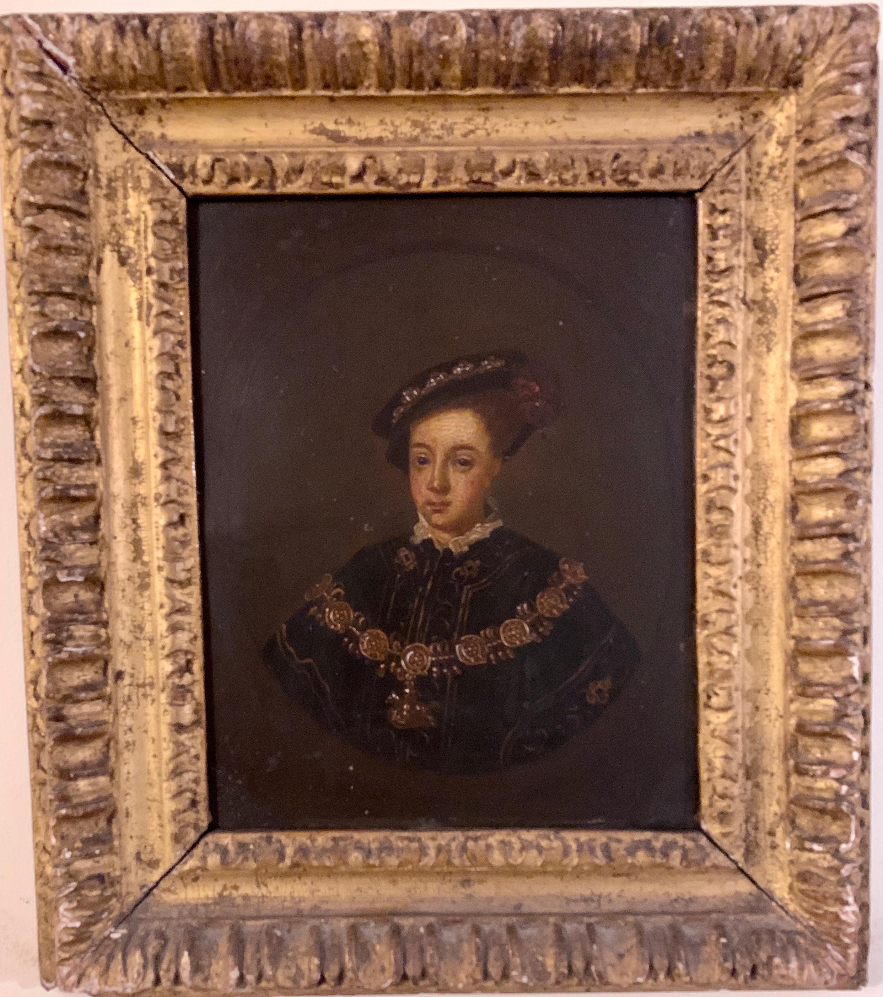 English 19th century Oil portrait of the English King Edward VI in carved frame - Painting by Unknown