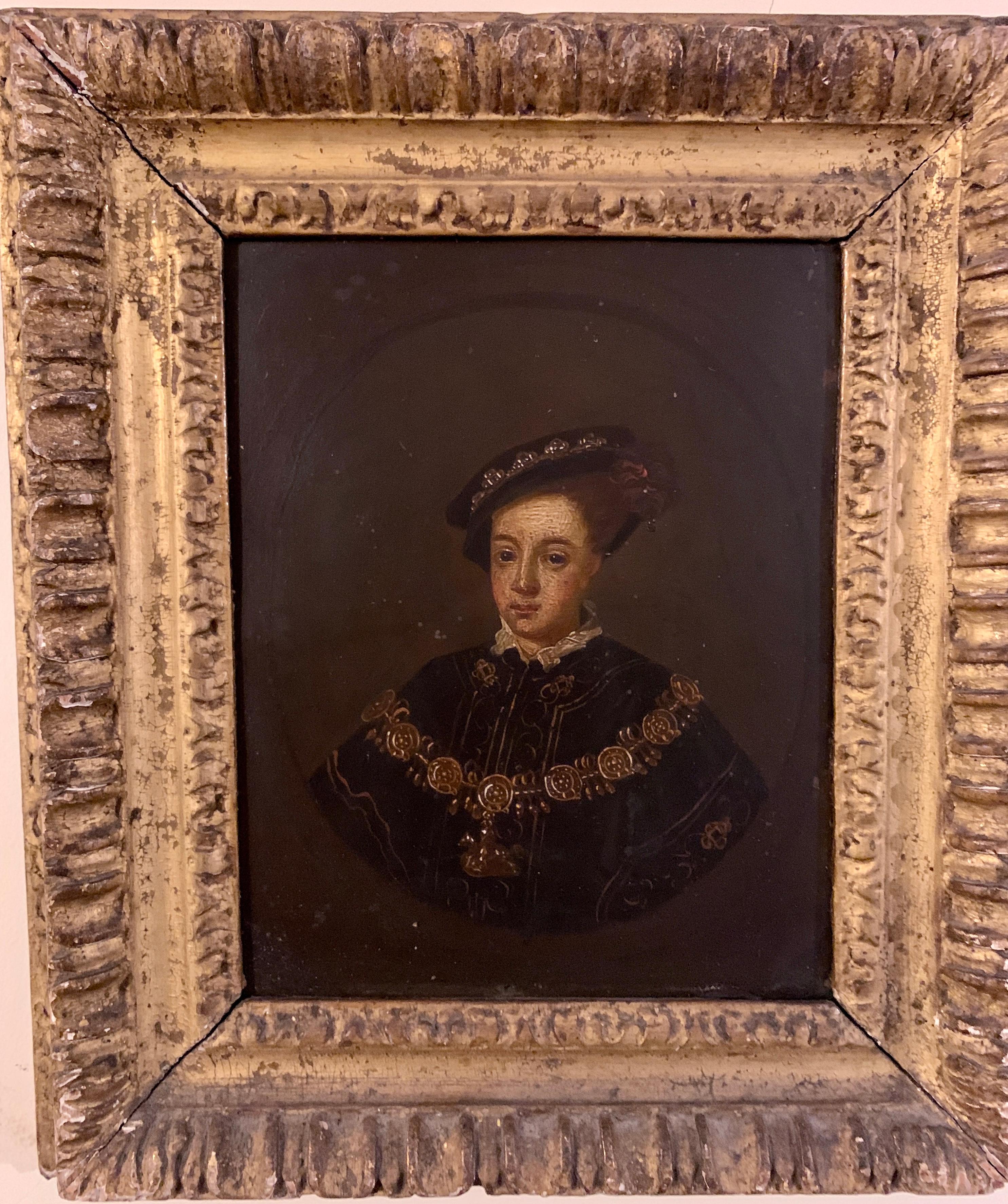 Unknown Portrait Painting - English 19th century Oil portrait of the English King Edward VI in carved frame