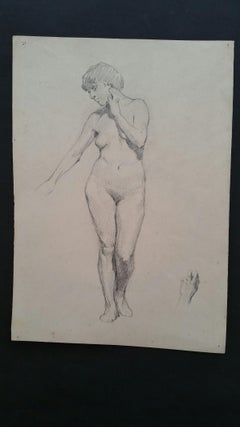 English Antique Portrait Sketch of Female Nude Standing