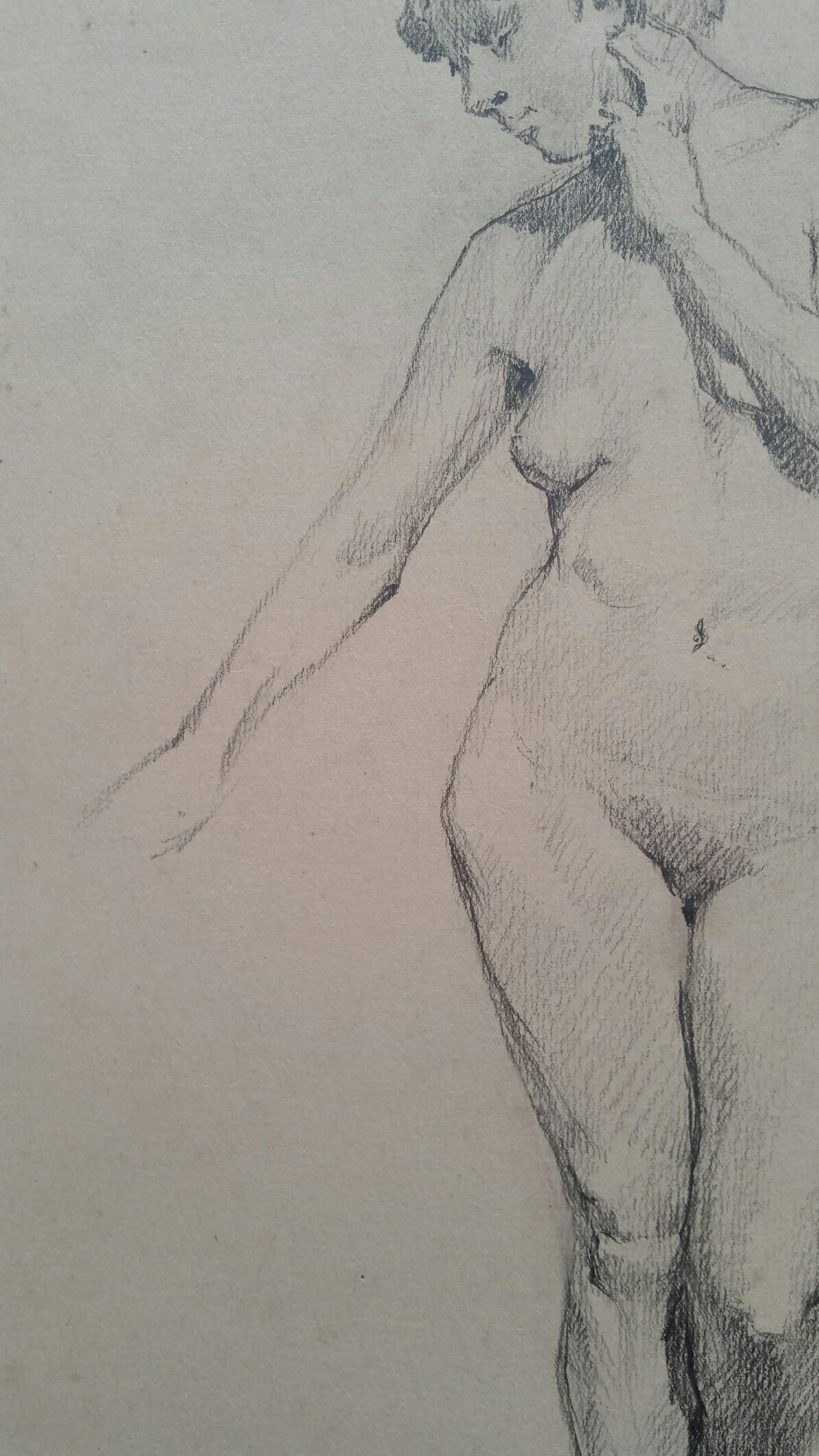 Esquisse à la mine de plomb d'une femme nue, debout.
par Henry George Moon (britannique 1857-1905).
sur papier d'artiste blanc cassé, non encadré.
Dimensions : feuille 14.75 x 10.5 pouces.

Provenance : de la succession de l'Artistics.

Condit :