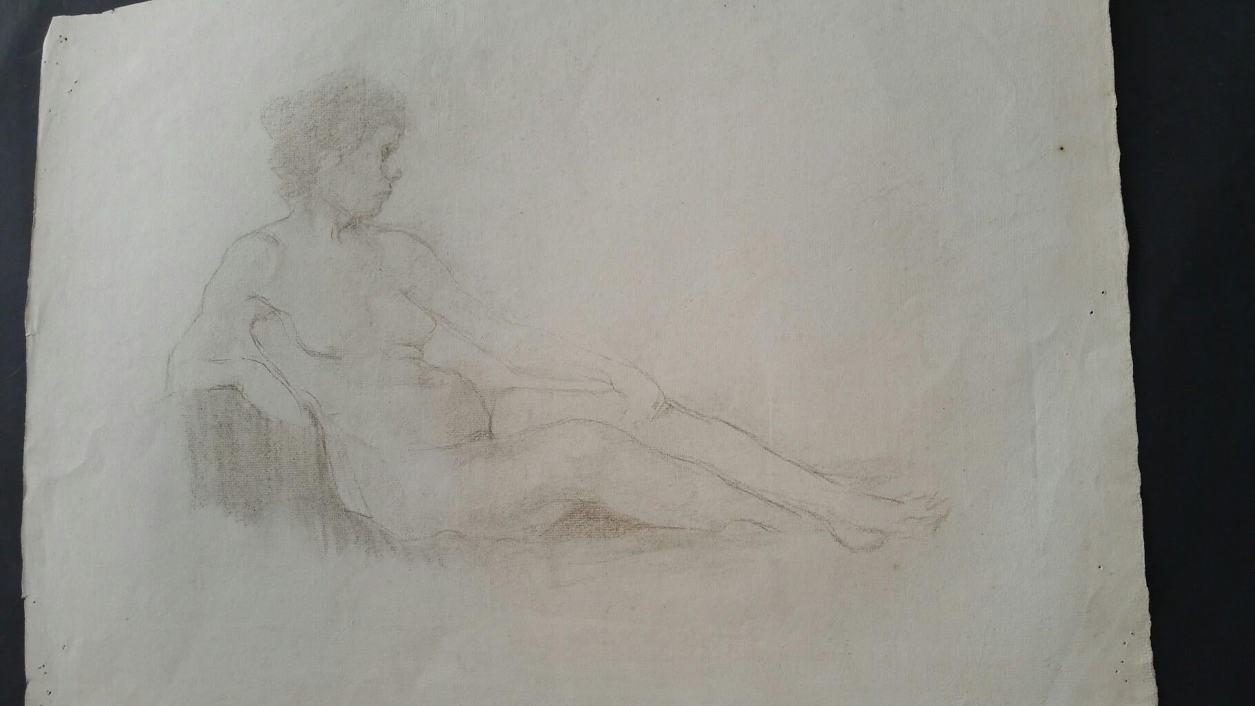 Esquisse de portrait ancien d'une femme nue couchée, 