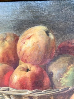 English Antique Victorian still life of apples, walnuts and a blue and white jar