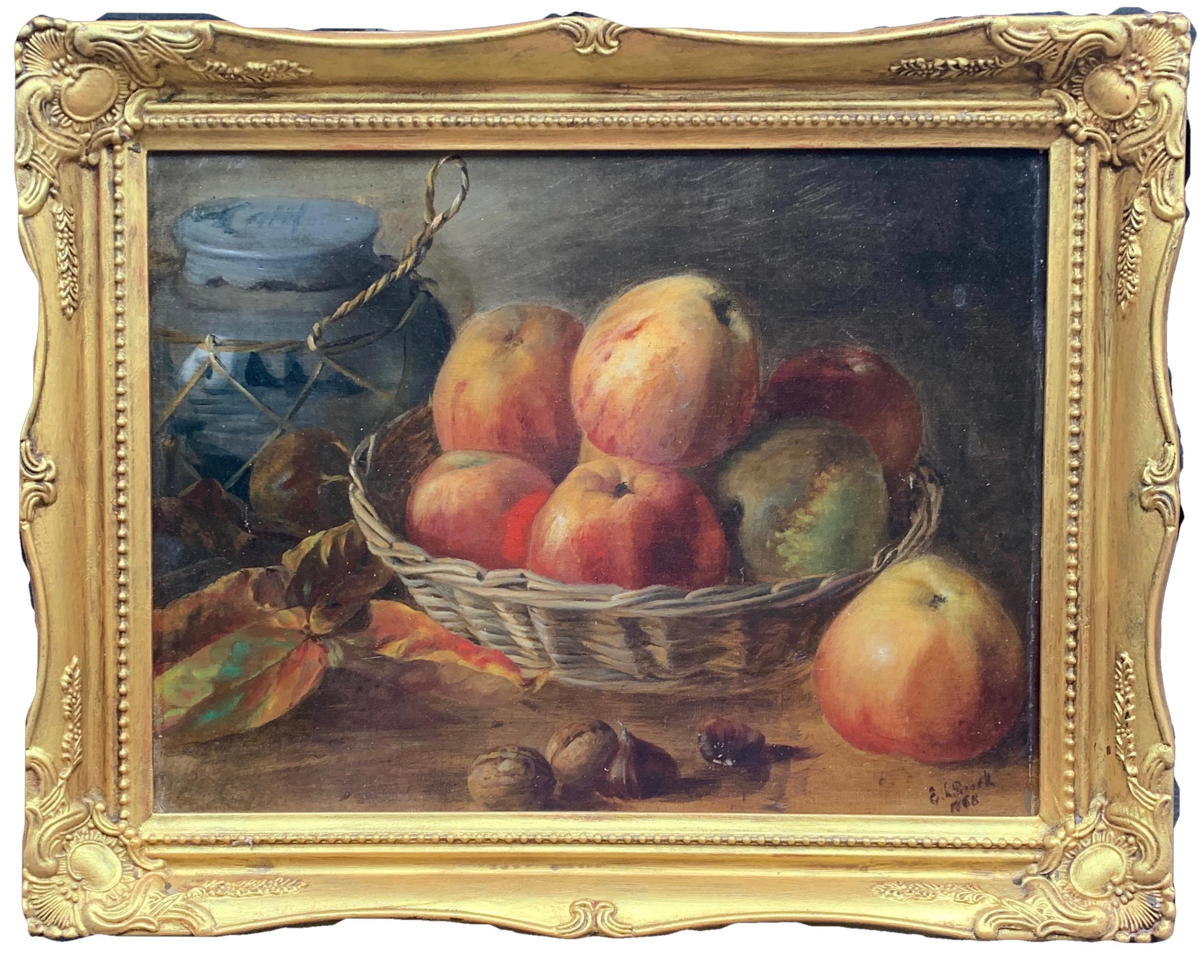 Unknown Still-Life Painting - English Antique Victorian still life of apples, walnuts and a blue and white jar