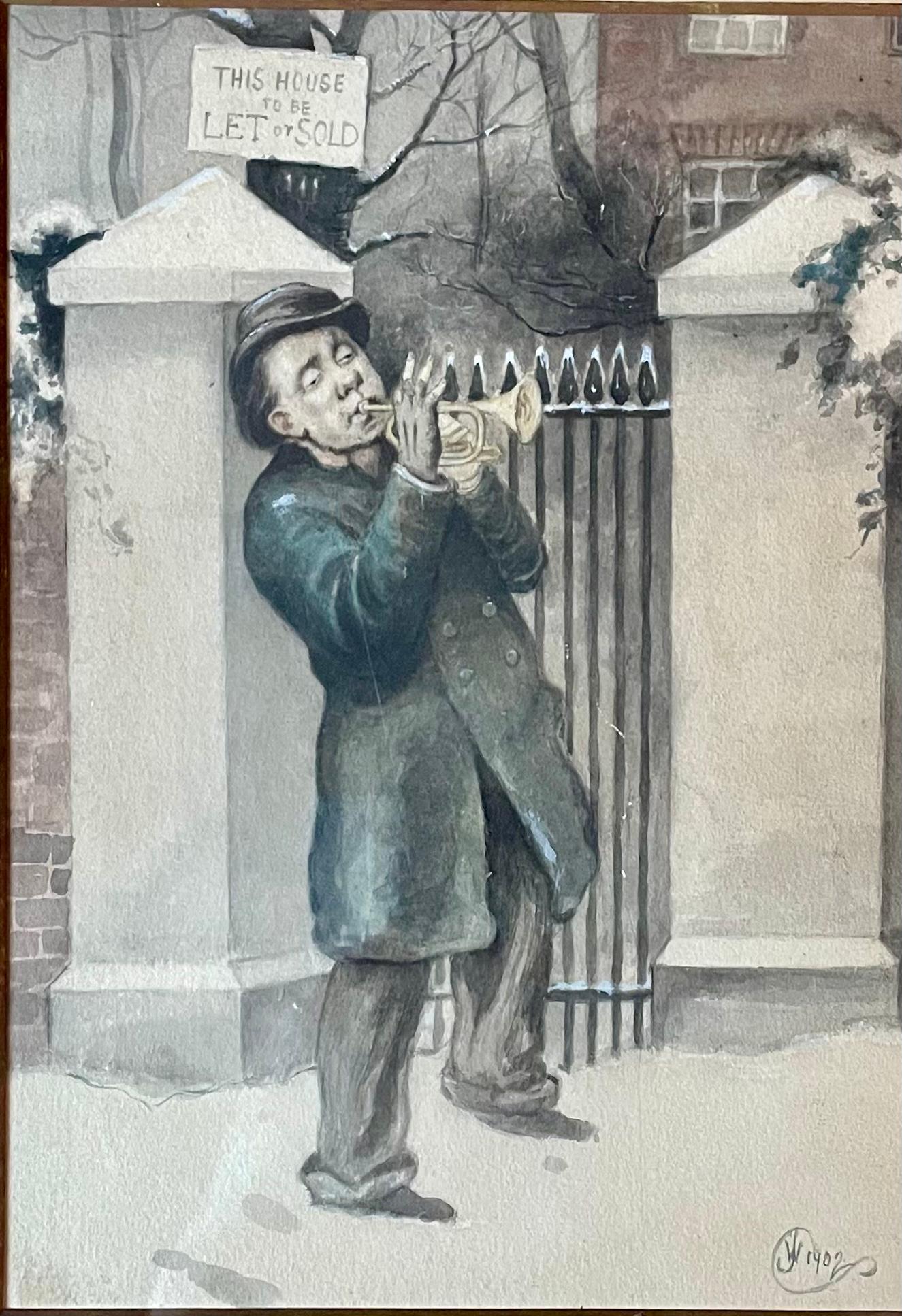 An English Caricature Watercolour painting signed with the artists monogram & dated 1902 .

A beautiful painting of a tamp playing a trumpet on a winters day , outside a house that is for sale or to let . 

( It makes me wonder if the tramp