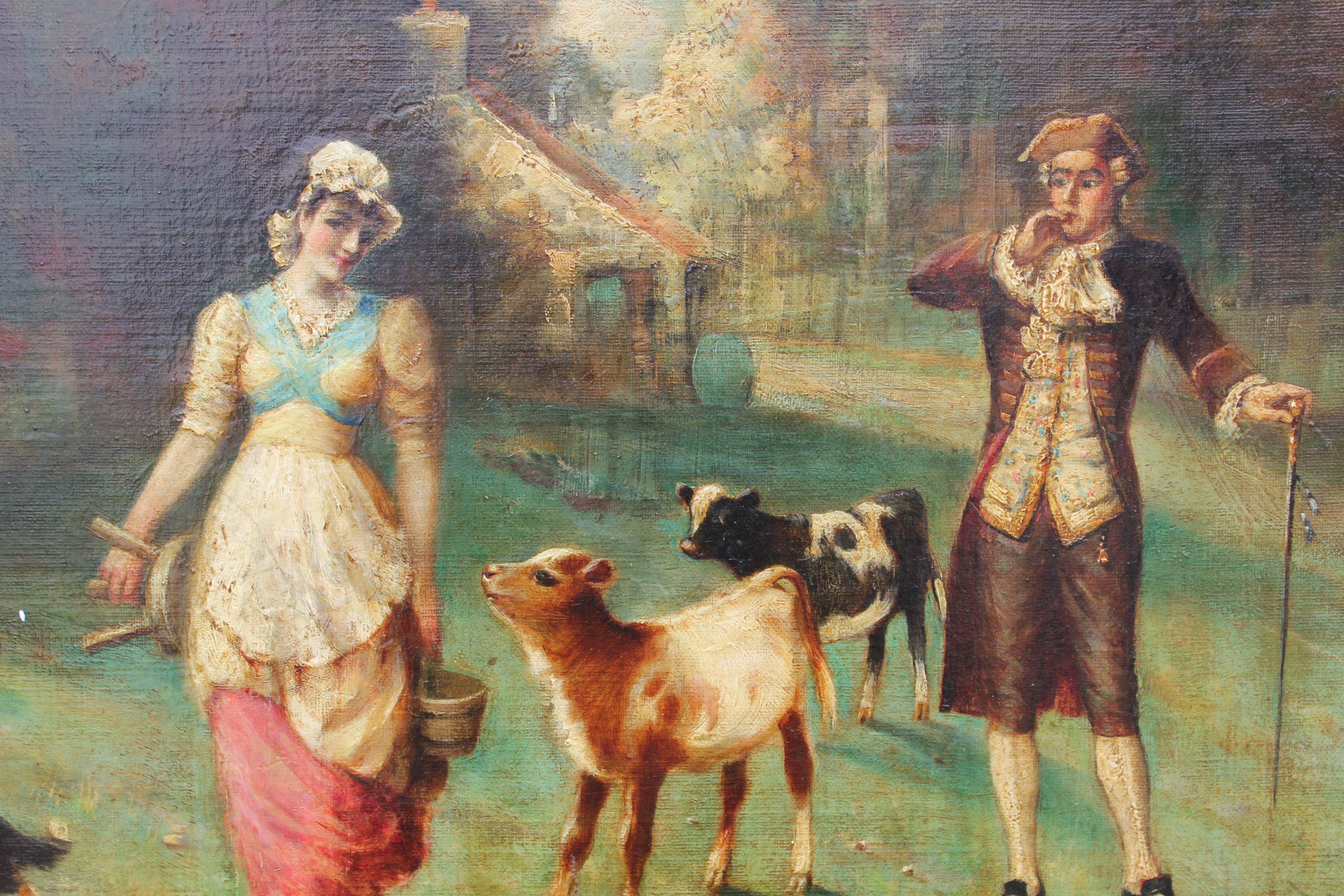 English Country Scene with Milkmaid with Cows and Dog with an Upper Class Male - Painting by Unknown