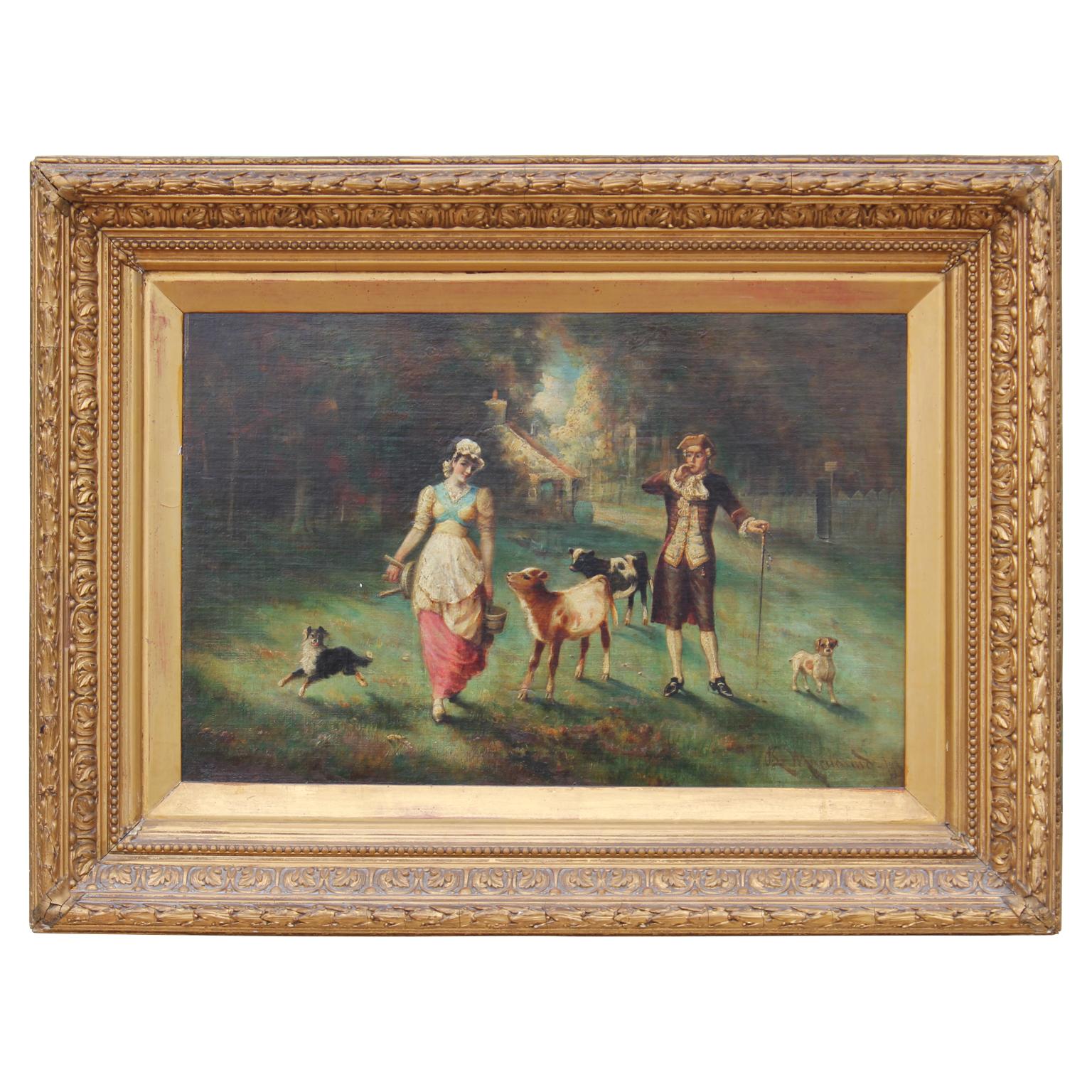 Unknown Figurative Painting - English Country Scene with Milkmaid with Cows and Dog with an Upper Class Male