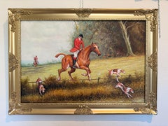 English Fox Hunting Scene Oil Painting on Canvas, Horses & Hounds, Gilt Frame