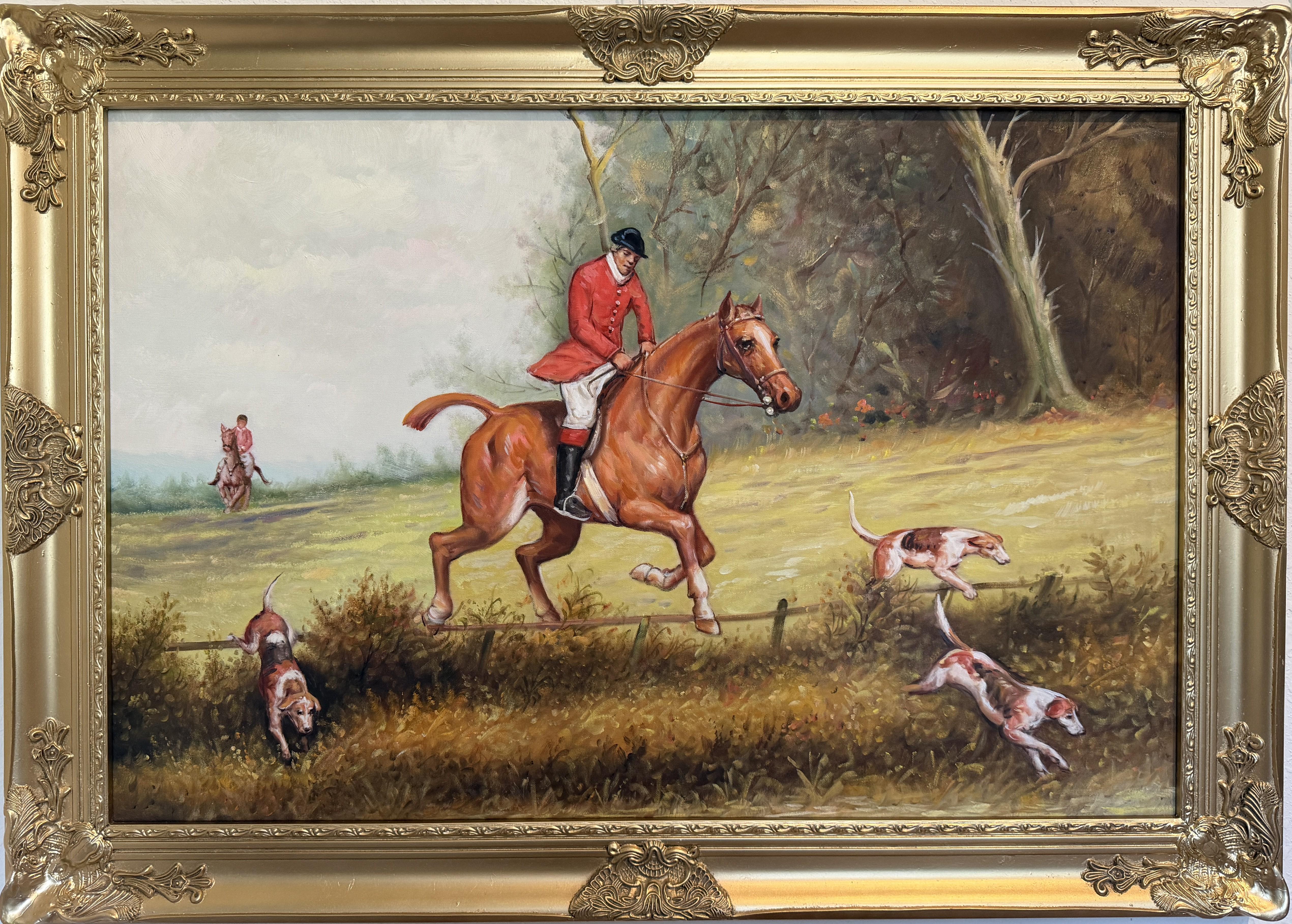 English Fox Hunting Scene Oil Painting on Canvas, Horses 
Hounds, Gilt Frame