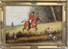 English Fox Hunting Scene Oil Painting on Canvas, Horses 
Hounds, Gilt Frame