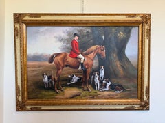 English Fox Hunting Scene Oil Painting on Canvas, Horses & Hounds, Signed Framed
