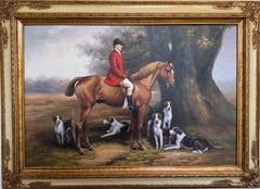 English Fox Hunting Scene Oil Painting on Canvas, Horses & Hounds, Signed Framed