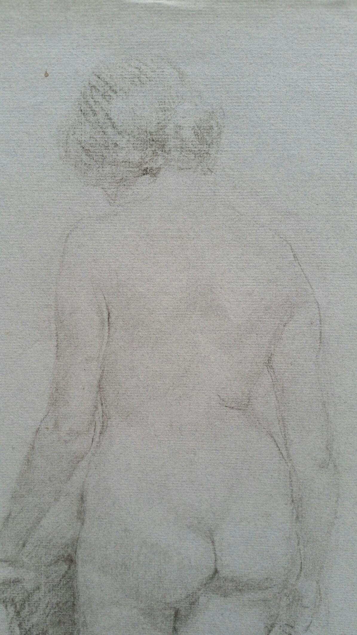 Esquisse de portrait au graphite d'une femme nue, vue de dos - Gris Nude Painting par Unknown