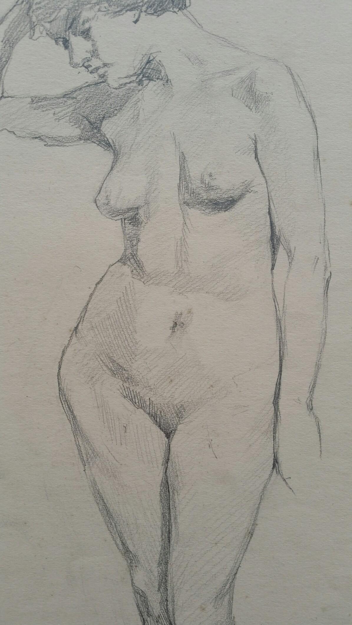 Esquisse au graphite d'un nu féminin tourné vers l'avant
par Henry George Moon (britannique 1857-1905)
sur papier d'artiste blanc cassé, non encadré
dimensions : feuille 22 x 14.75 pouces 

provenance : de la succession de l'artiste

Condit : trous