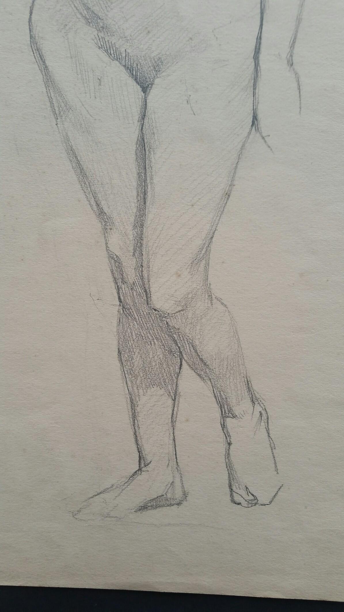 Esquisse de portrait au graphite d'une femme nue, en position avancée en vente 1