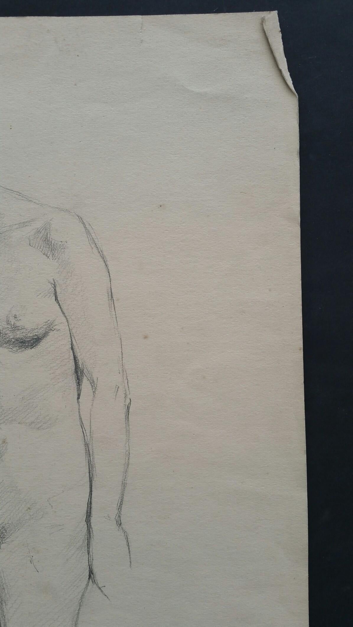 Esquisse de portrait au graphite d'une femme nue, en position avancée en vente 2