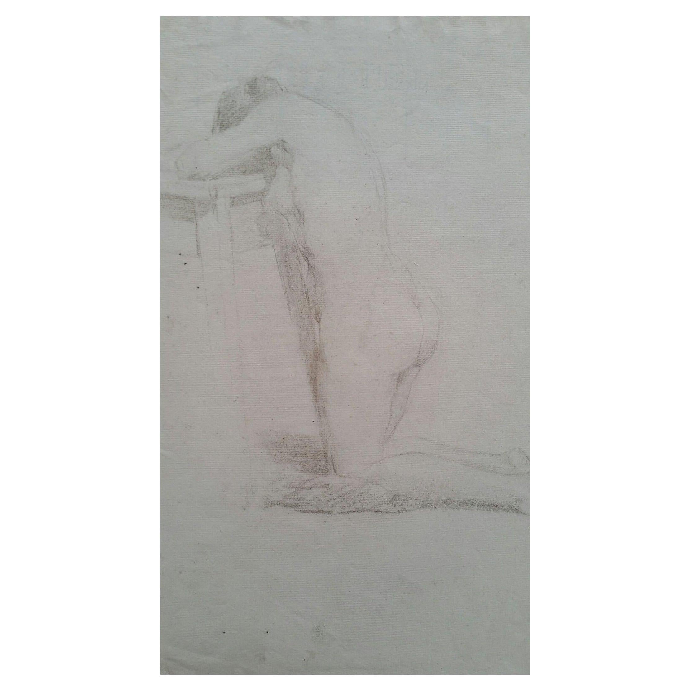 Unknown Nude Painting - English Graphite Portrait Sketch of Female Nude, Kneeling