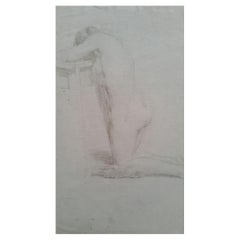 English Graphite Portrait Sketch of Female Nude, Kneeling