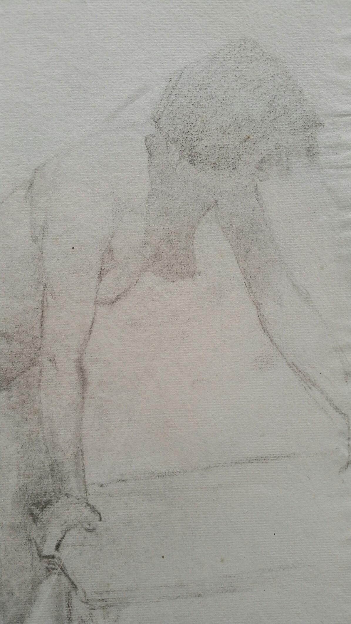 Esquisse de portrait au graphite d'une femme nue, penchée - Gris Nude Painting par Unknown