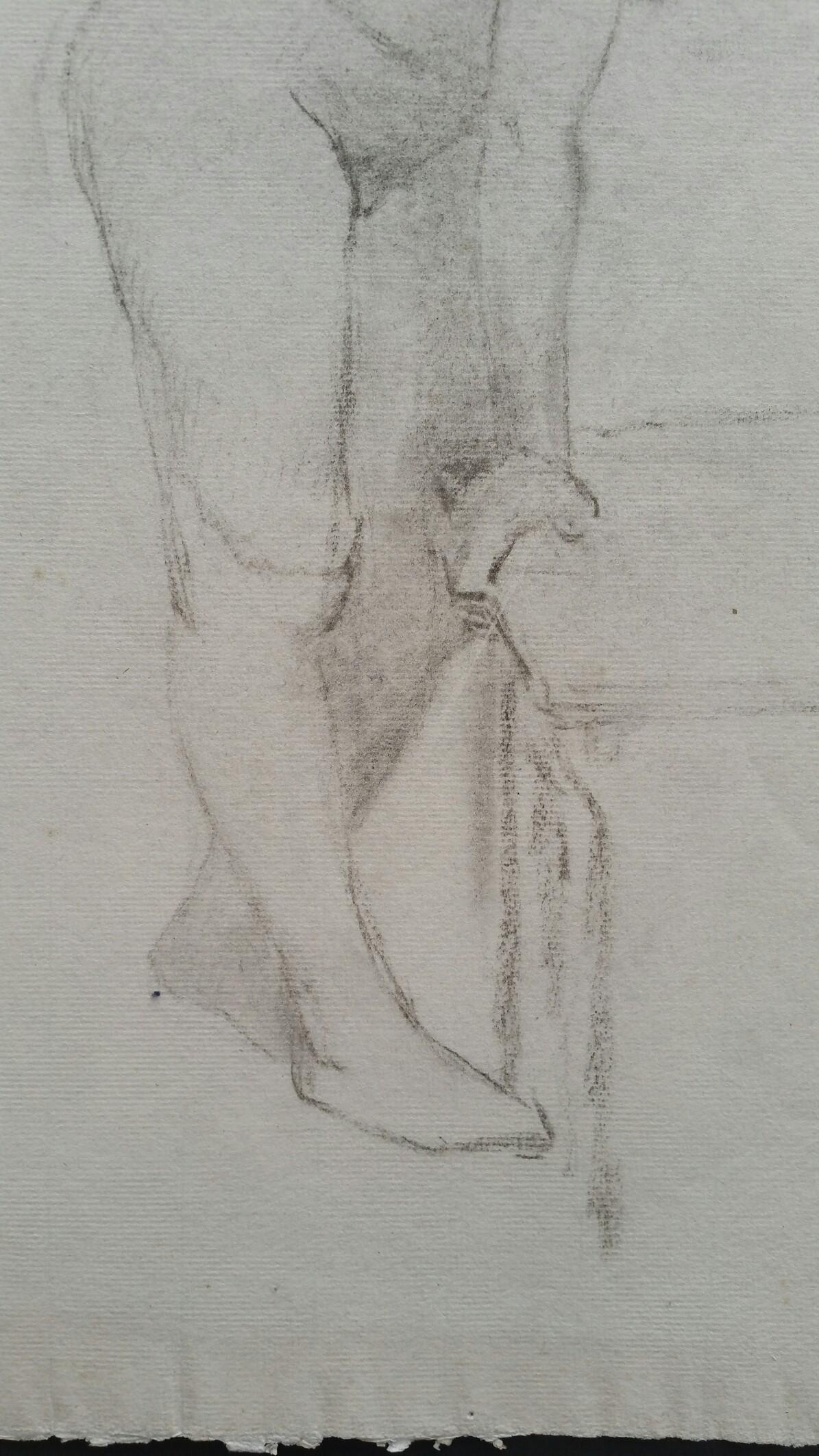 Esquisse de portrait au graphite d'une femme nue, penchée en vente 1
