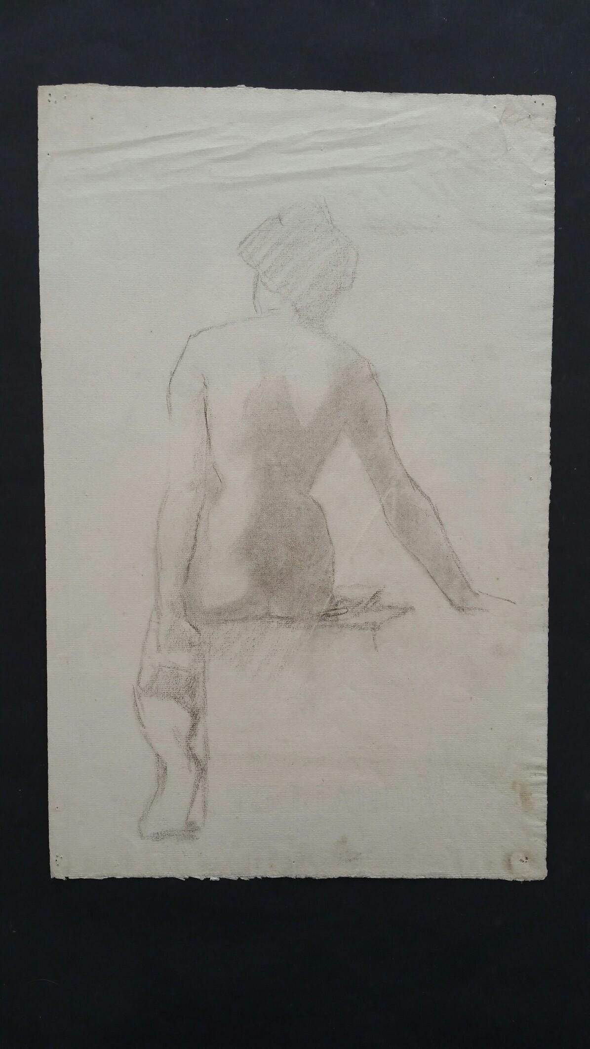 Esquisse de portrait au graphite d'une femme nue assise, vue de dos - Painting de Unknown