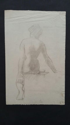 English Graphite Portrait Sketch of Female Nude Rear View Seated