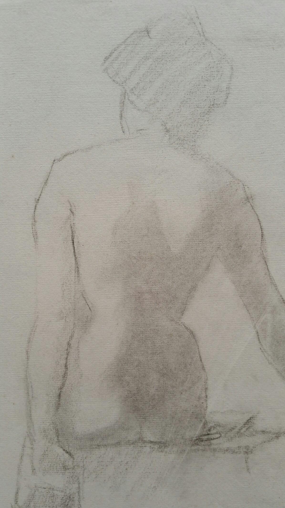 Esquisse de portrait au graphite d'une femme nue assise, vue de dos - Gris Nude Painting par Unknown
