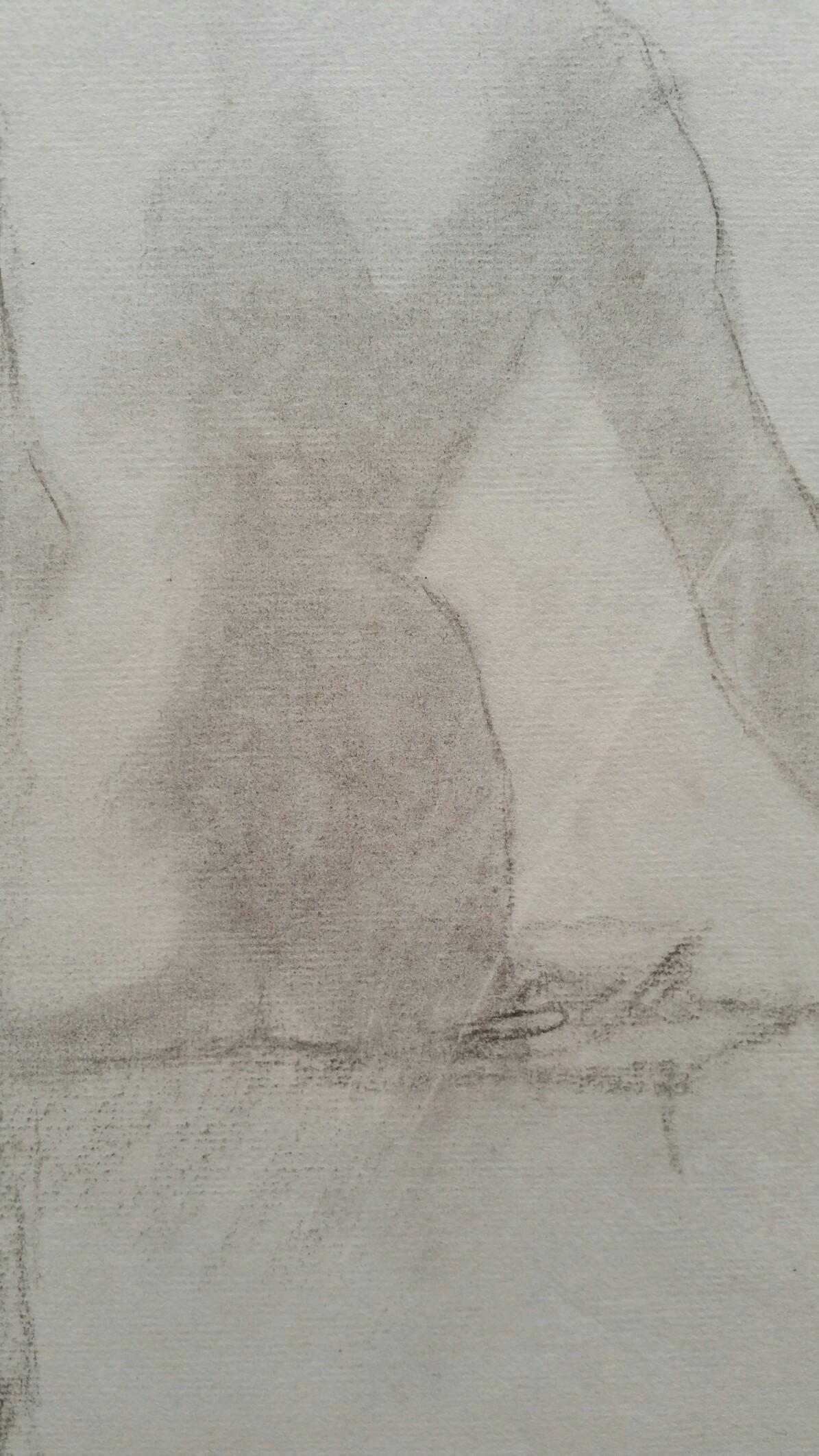 Esquisse de portrait au graphite d'une femme nue assise, vue de dos en vente 1