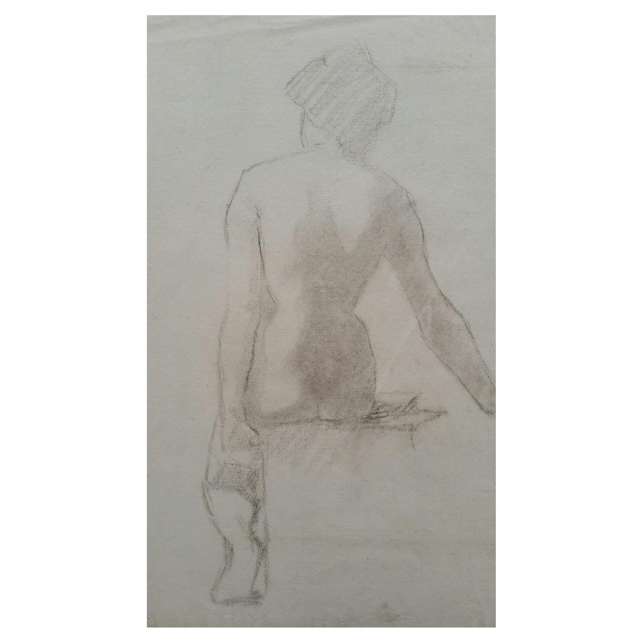 Nude Painting Unknown - Esquisse de portrait au graphite d'une femme nue assise, vue de dos