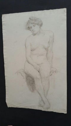 English Graphite Portrait Sketch of Female Nude, Seated