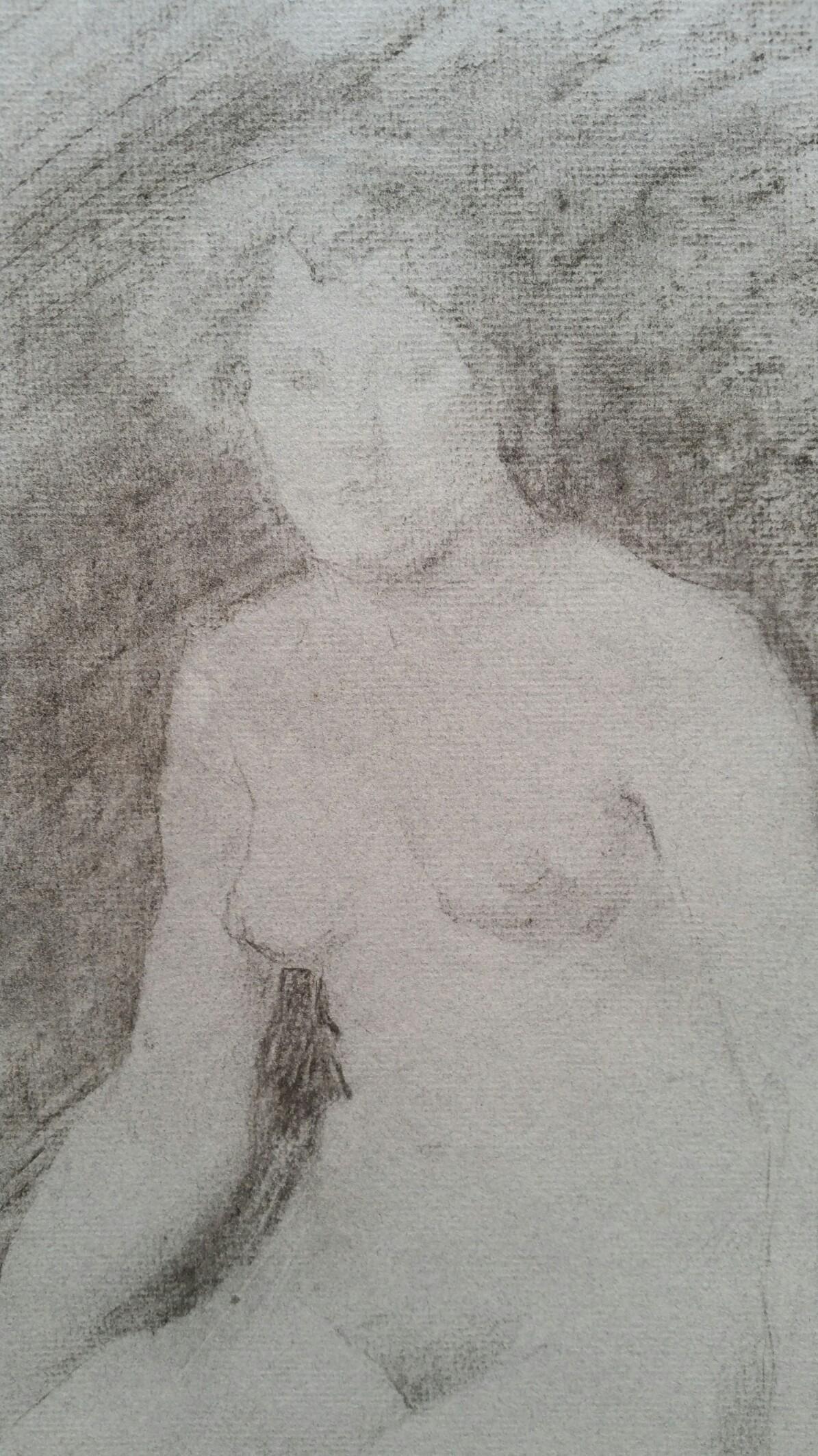 Portrait anglais en graphite d'une femme nue assise - Gris Nude Painting par Unknown