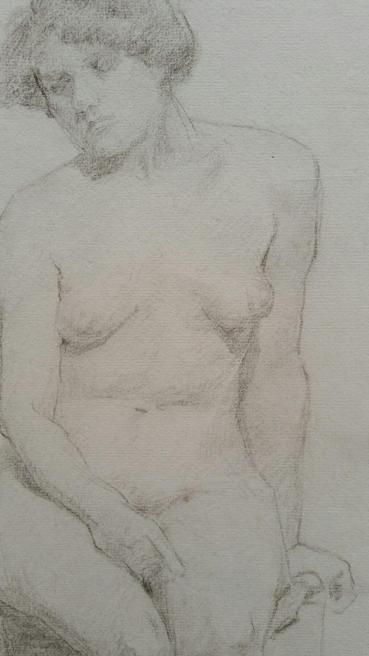 Portrait anglais en graphite d'une femme nue assise - Gris Nude Painting par Unknown