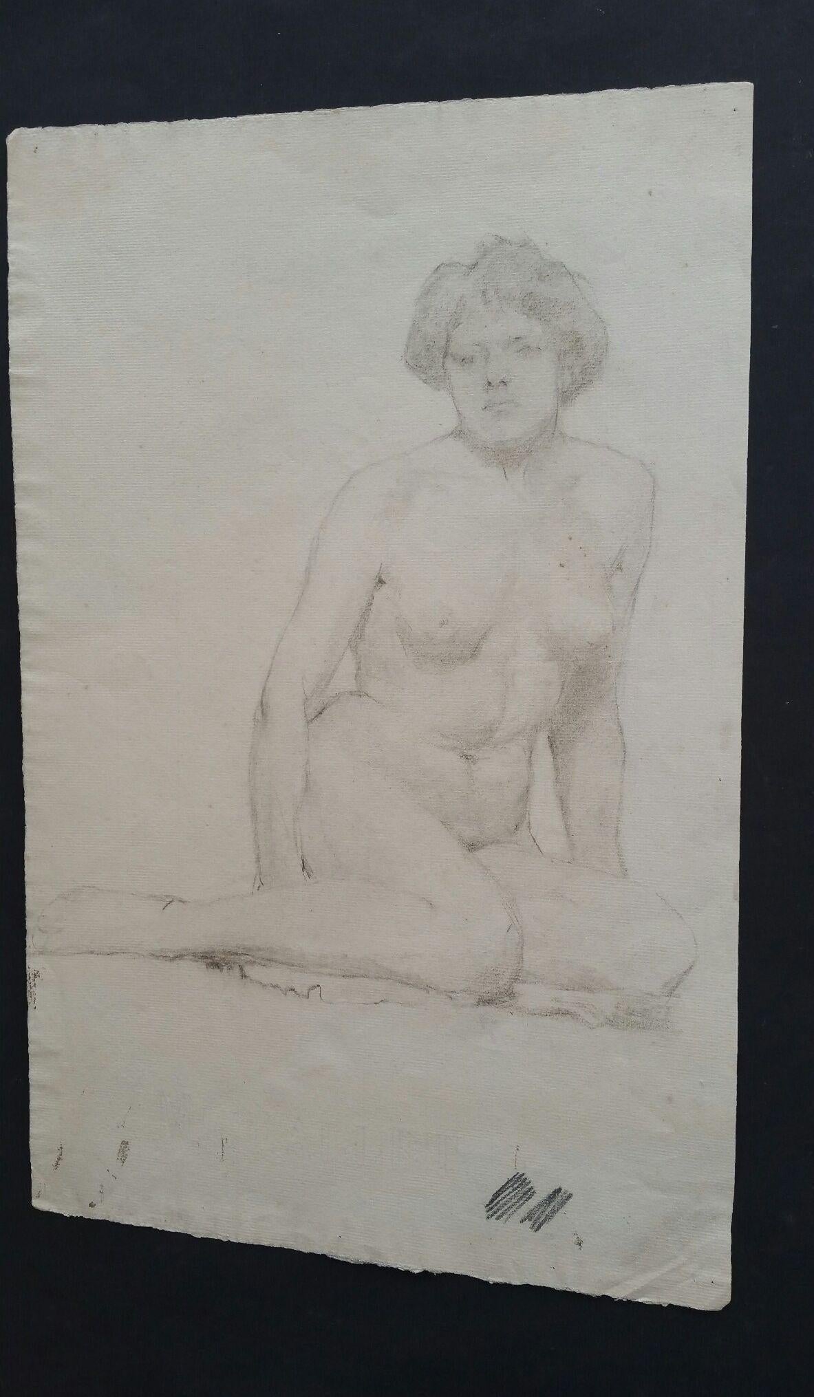 Portrait anglais en graphite d'une femme nue assise en vente 3
