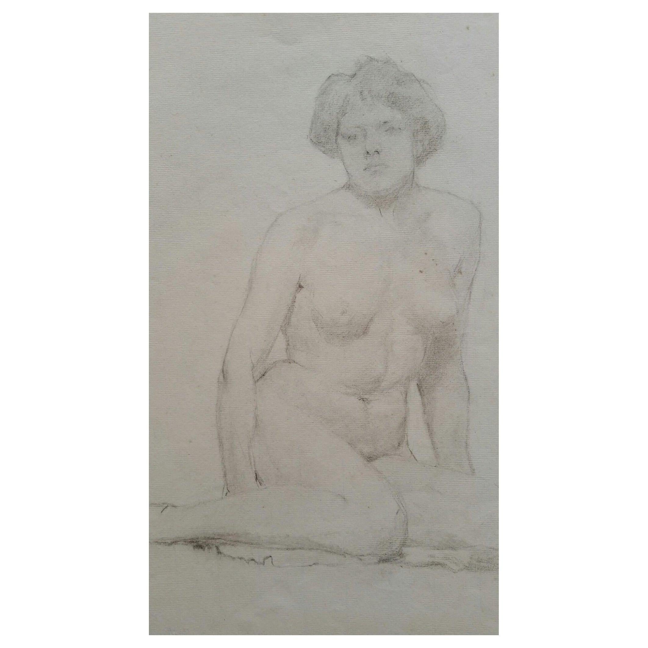 Nude Painting Unknown - Portrait anglais en graphite d'une femme nue assise