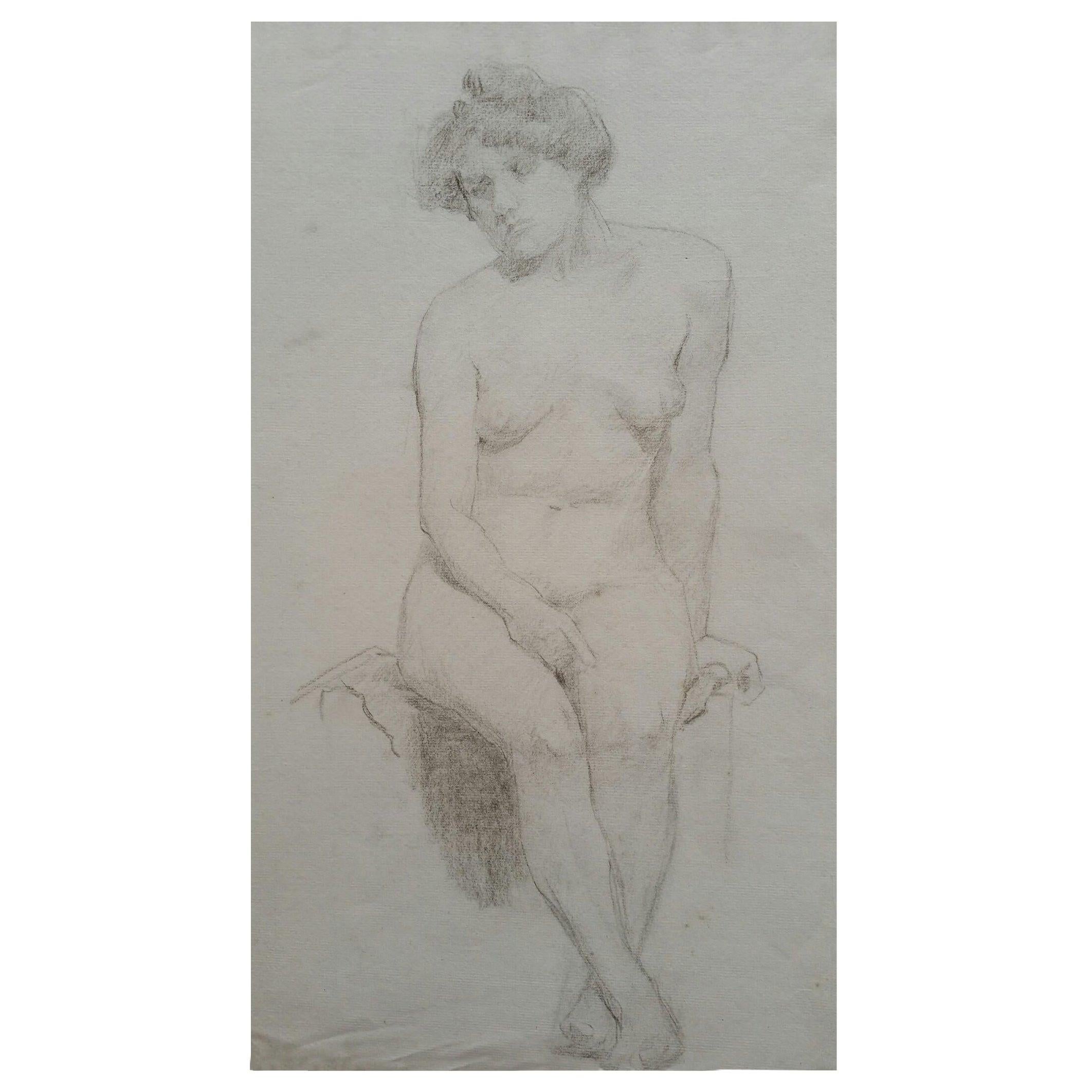 Nude Painting Unknown - Portrait anglais en graphite d'une femme nue assise