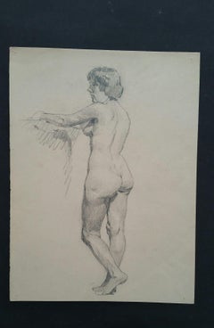 English Graphite Portrait Sketch of Female Nude, Standing