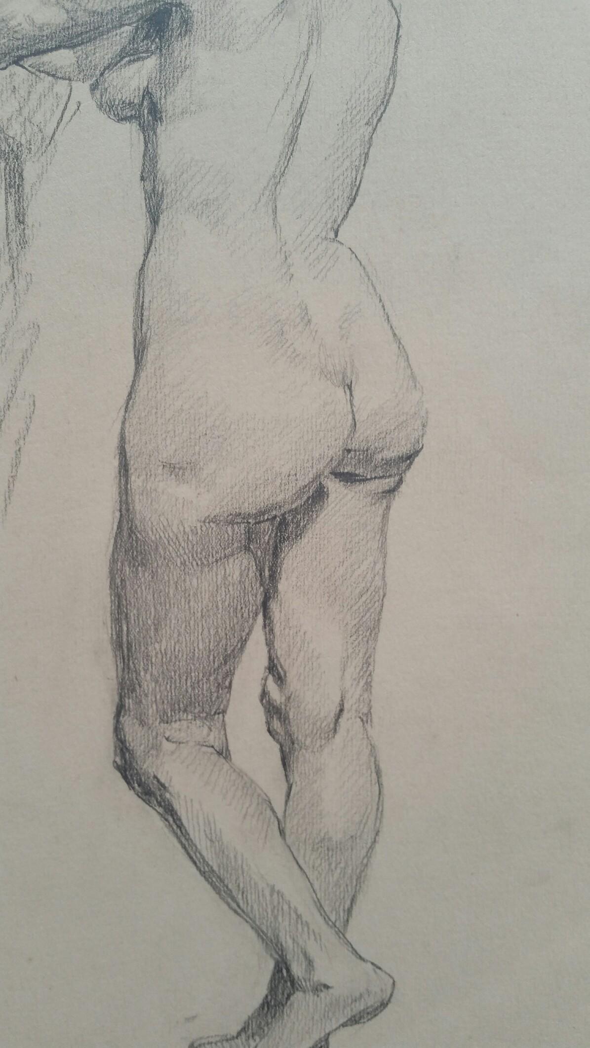 Esquisse de portrait au graphite d'une femme debout - Gris Nude Painting par Unknown