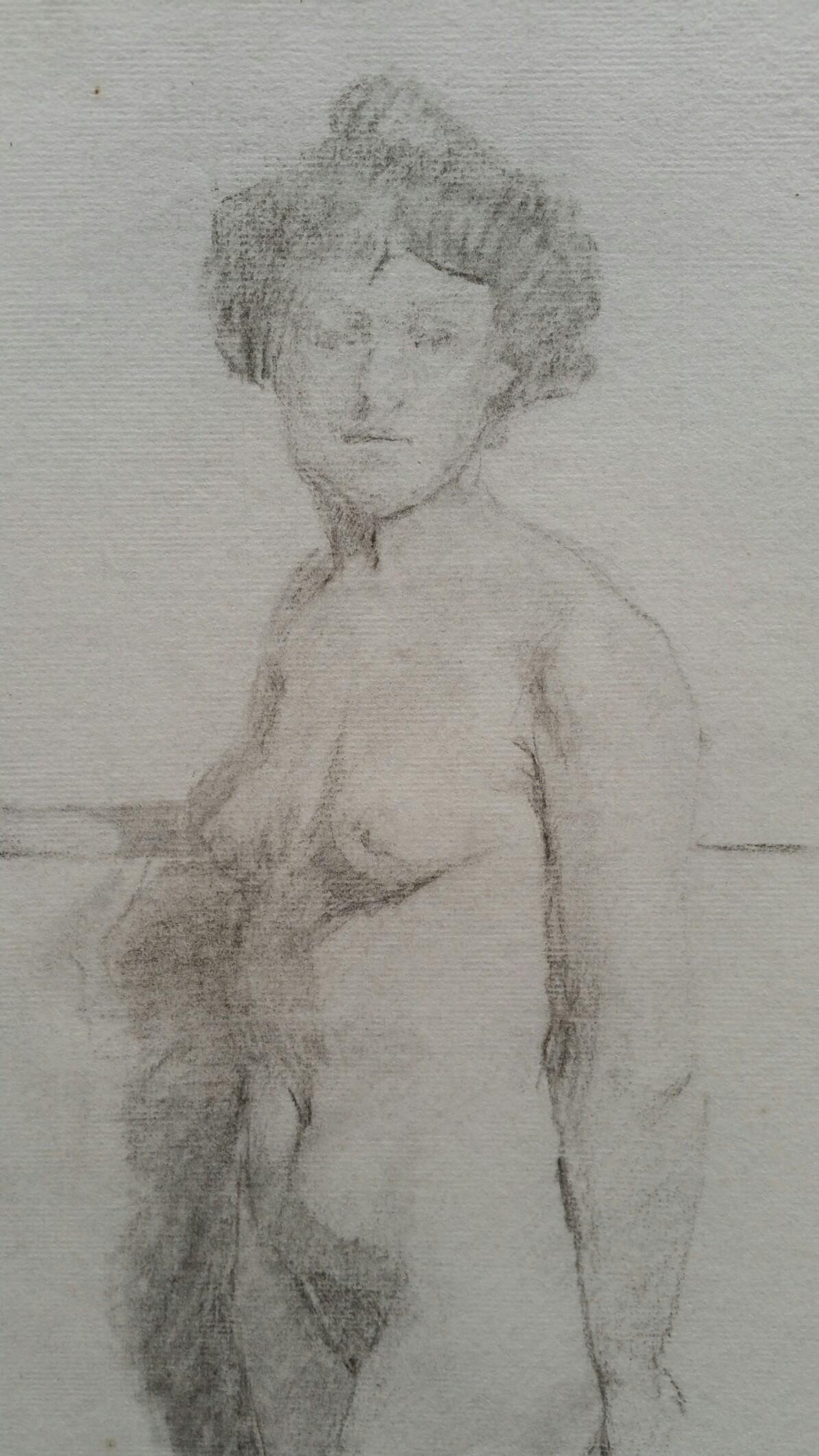 Esquisse de portrait au graphite d'une femme debout - Gris Nude Painting par Unknown