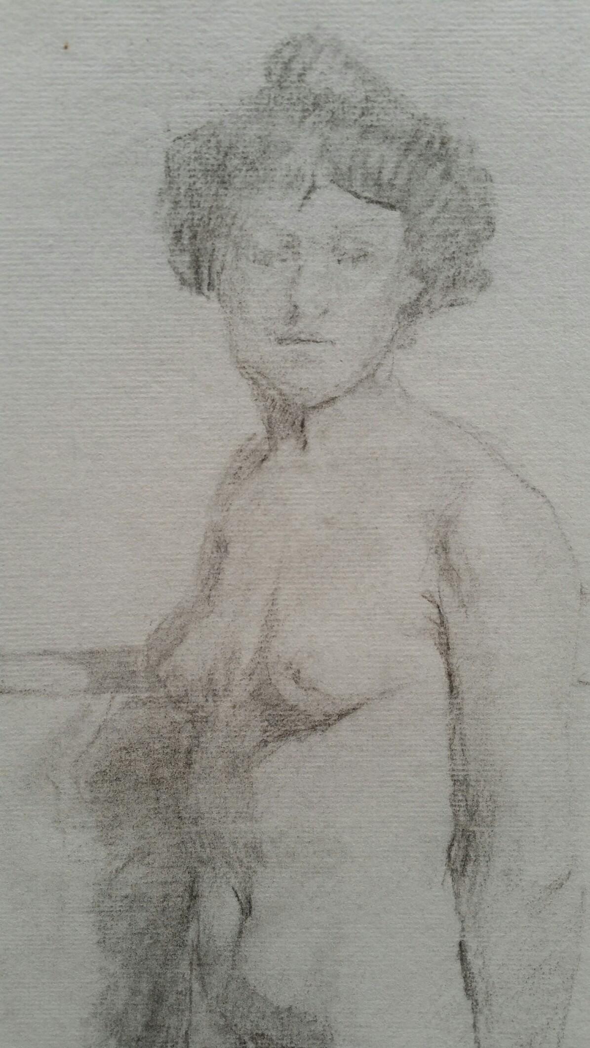 Esquisse au graphite d'un nu féminin, debout
par Henry George Moon (britannique 1857-1905)
sur papier d'artiste gris pâle, non encadré
dimensions : feuille 18.5 x 12 pouces 

provenance : de la succession de l'artiste

Rapport d'état : trous
