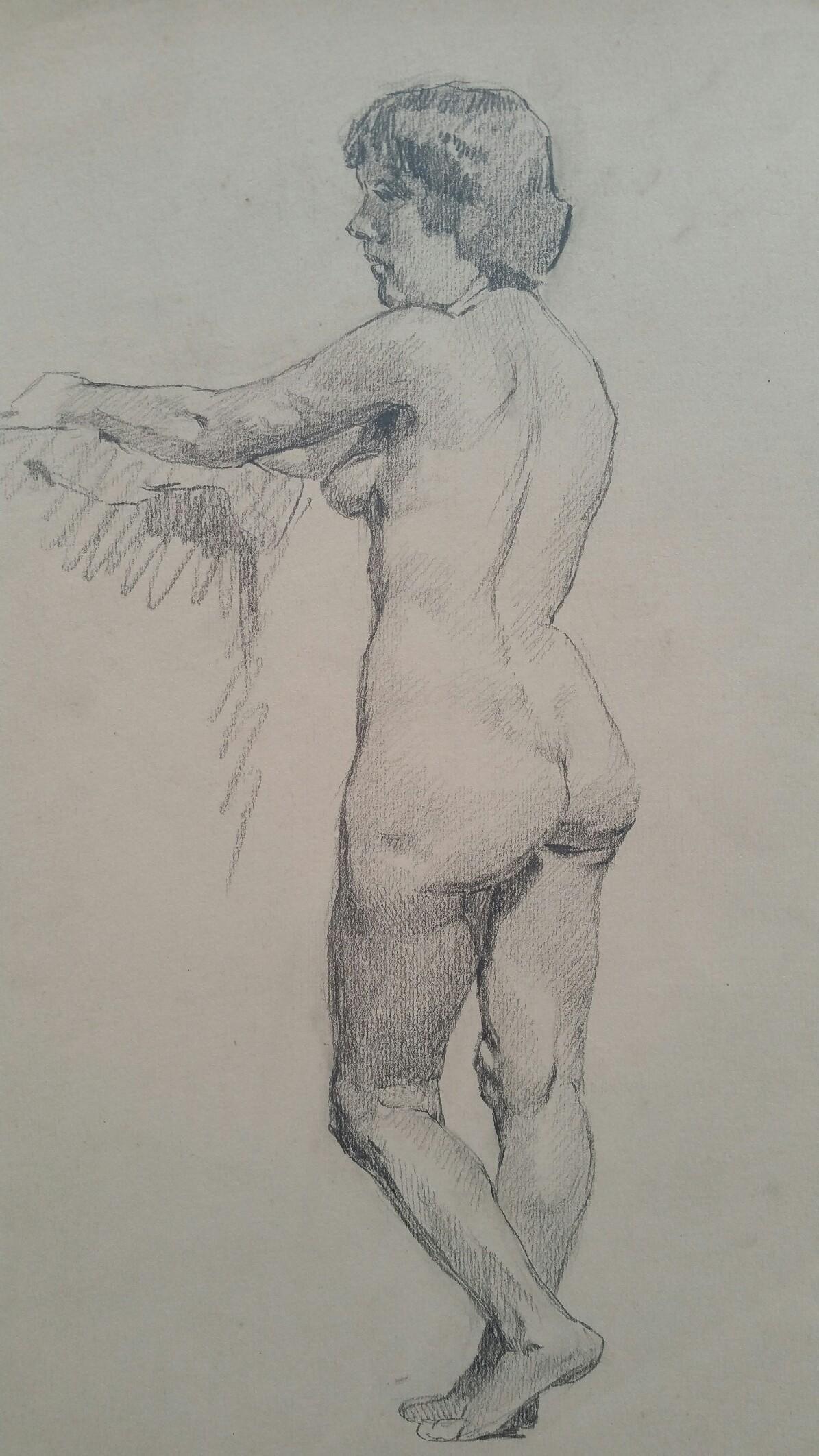 Esquisse de portrait au graphite d'une femme debout en vente 2
