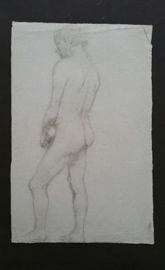 English Graphite Portrait Sketch of Male Nude, Back View