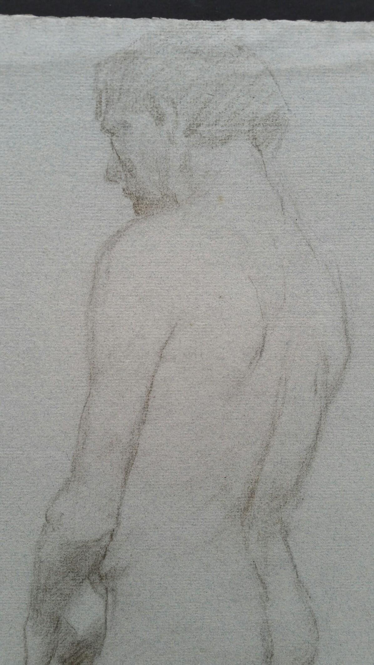 Esquisse de portrait au graphite d'un homme nu, vue de dos - Gris Nude Painting par Unknown
