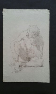 English Graphite Portrait Sketch of Male Nude, Seated